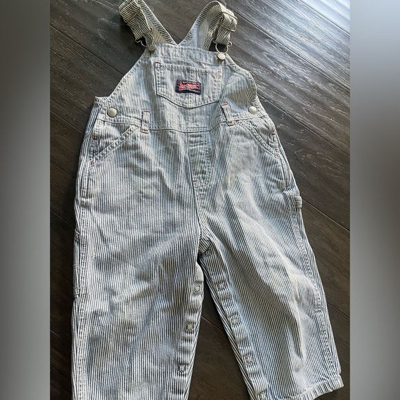Y2K Old Navy 90s baby Hickory Stripe Romper Overalls 18-24 months Railroad Denim - Picture 2 of 6